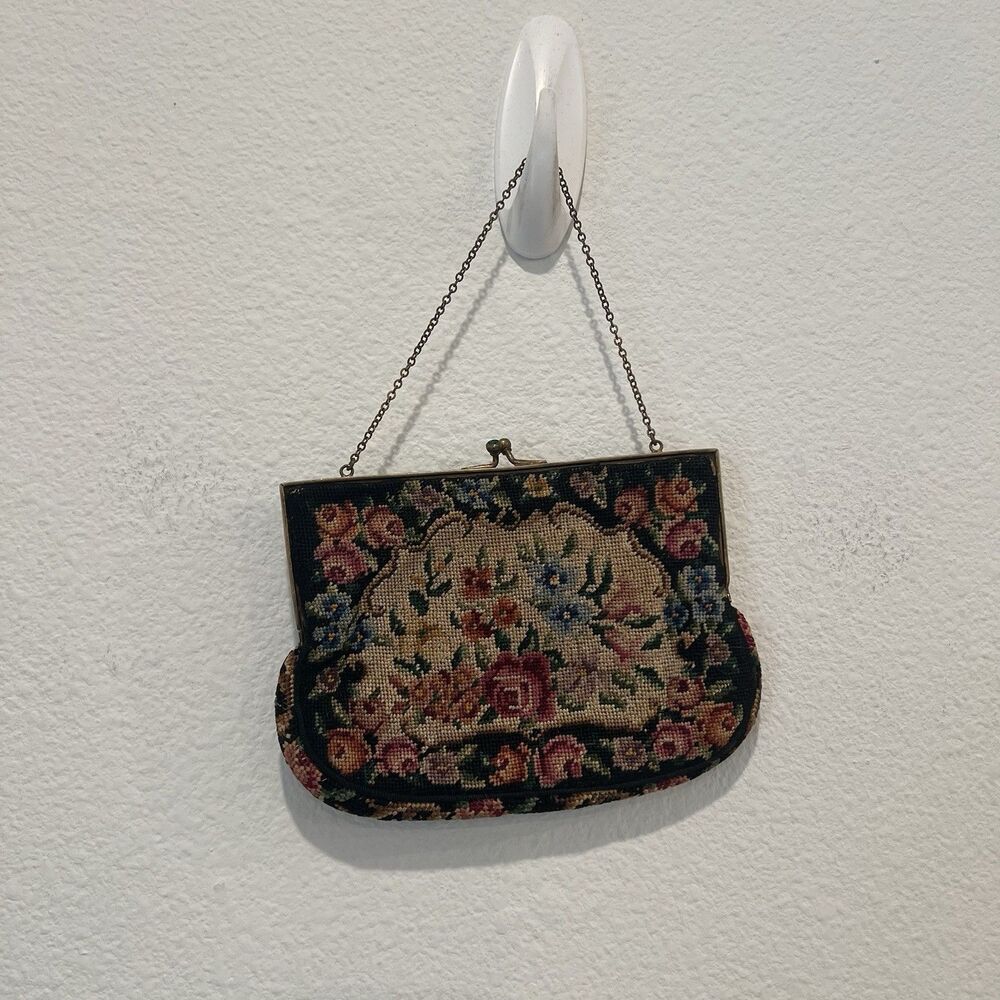 Vintage Jolles Original Petit Point Floral Tapestry Clutch Purse